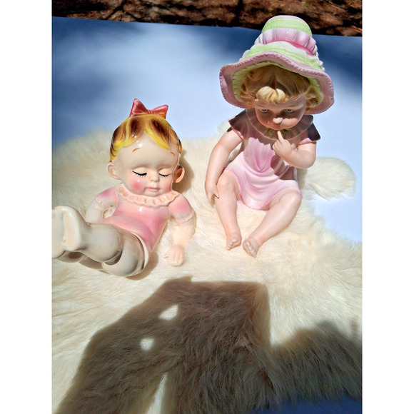2 Piano Baby Figurine, Sleepy Girl , 7ins & Pink & Green Bonnet 8ins - Picture 2 of 9